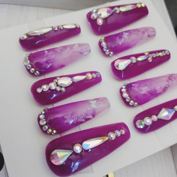 Full diamond set purple glow in the dark acrylic coffin nails - Picture 6 of 10